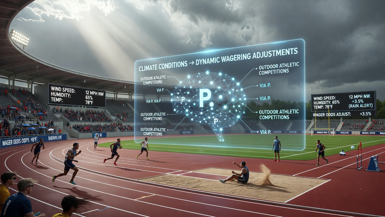 Athletes competing in variable weather conditions while a mobile device displays updated betting markets